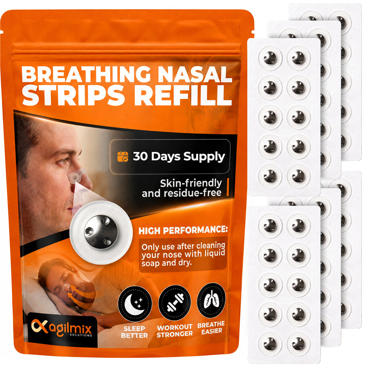Agilmix Refill Magnetic Breathing Nasal Strips - 30, 60, 90-Days Supply for Enhanced Breathing - Compatible with Recharging, Nude & Transparent Color