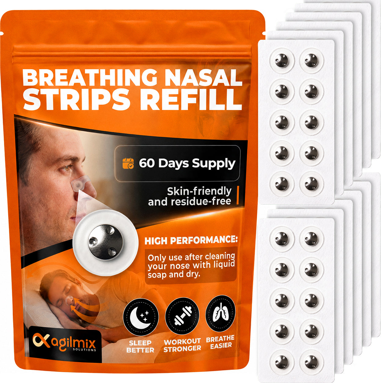 Agilmix Refill Magnetic Breathing Nasal Strips - 30, 60, 90-Days Supply for Enhanced Breathing - Compatible with Recharging, Nude & Transparent Color