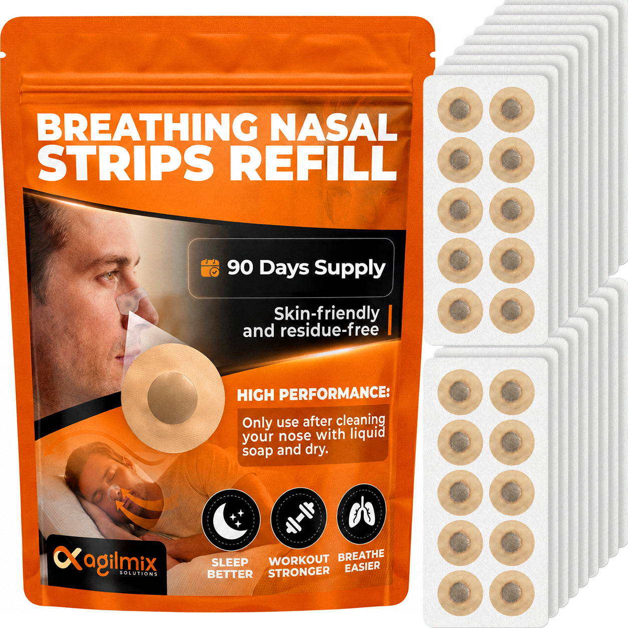 Agilmix Refill Magnetic Breathing Nasal Strips - 30, 60, 90-Days Supply for Enhanced Breathing - Compatible with Recharging, Nude & Transparent Color