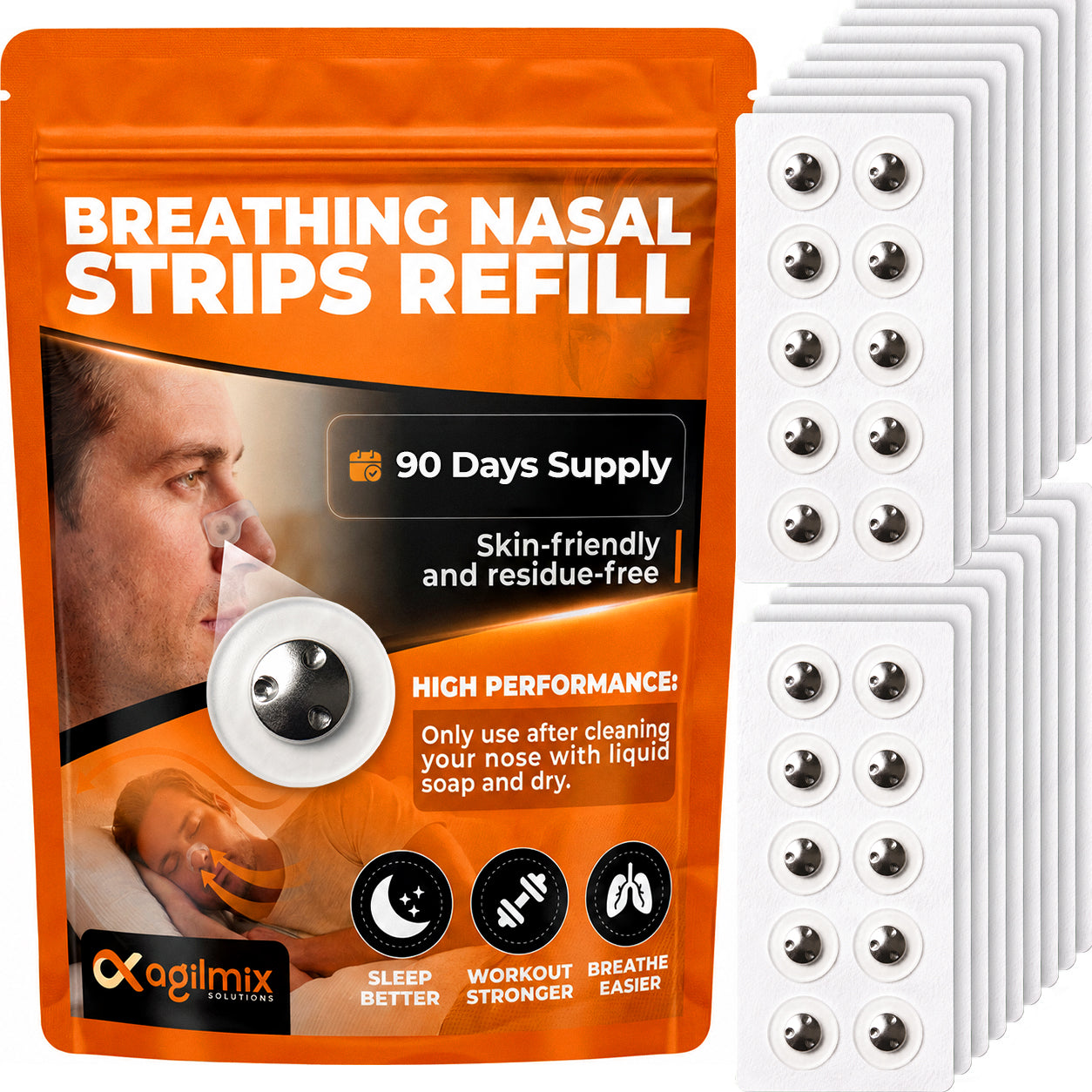 Agilmix Refill Magnetic Breathing Nasal Strips - 30, 60, 90-Days Supply for Enhanced Breathing - Compatible with Recharging, Nude & Transparent Color